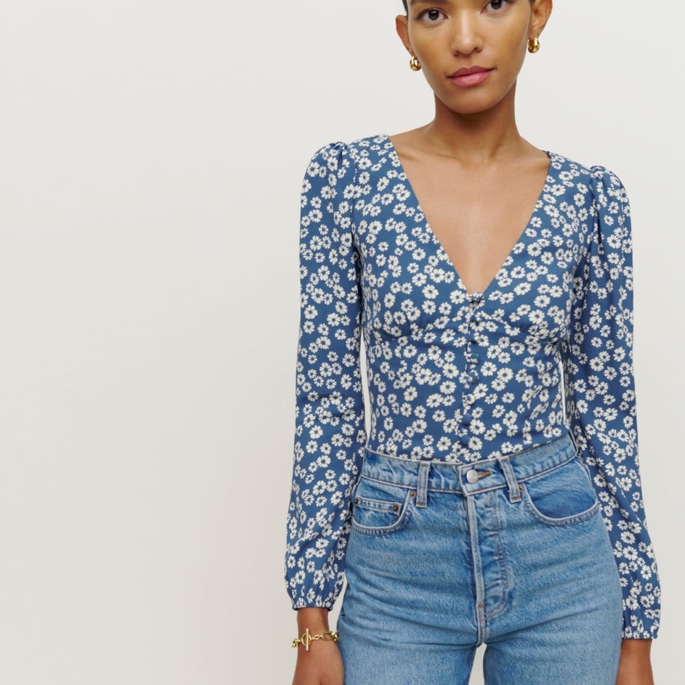 Reformation Nell Top Blue Floral Blouse